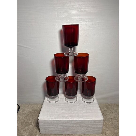 4 Vintage Ruby Red Glass Dessert Sherbet Bowls With Clear Pedestal Base France - Picture 9 of 14